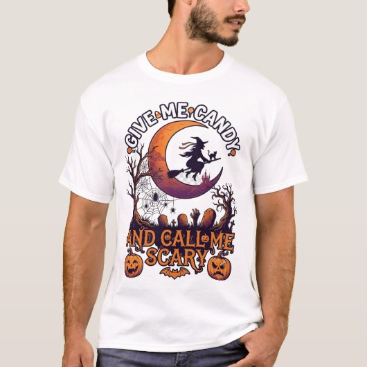 キャンディをちょうだい 不気味な魔女 月のカボチャ Tシャツ (正面)