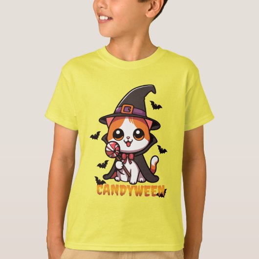 キャンディウィン – ネコ魔女ハロウィーン Tシャツ (正面)