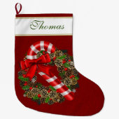 キャンディエレガントケーンレッドリボンカスタムモノグラム ラージクリスマスストッキング (正面)