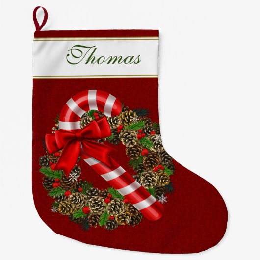 キャンディエレガントケーンレッドリボンカスタムモノグラム ラージクリスマスストッキング (正面)