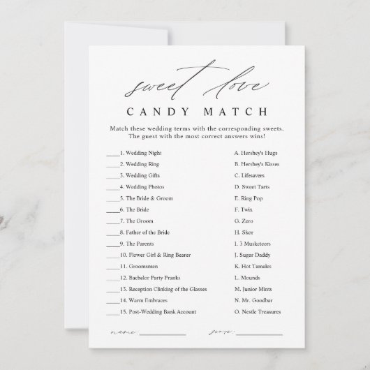 キャンディエレガントマッチブライダルシャワーゲームカード 招待状 (正面)