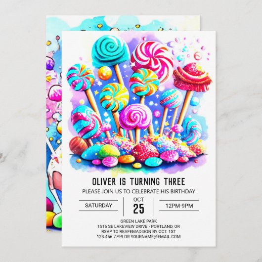 キャンディエレガント編集可能誕生日 招待状 (正面/裏面)
