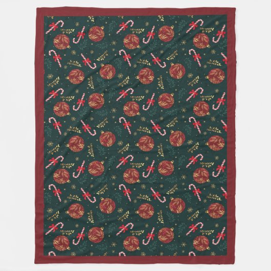 キャンディカネススノーフレーク赤いクリスマスボールグリーン フリースブランケット (正面)