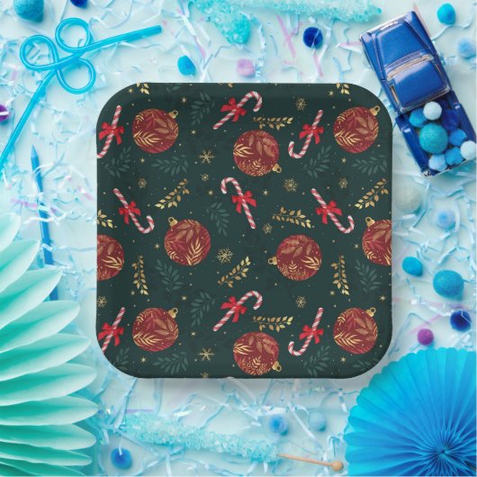 キャンディカネススノーフレーク赤いクリスマスボールグリーン ペーパープレート (パーティー)