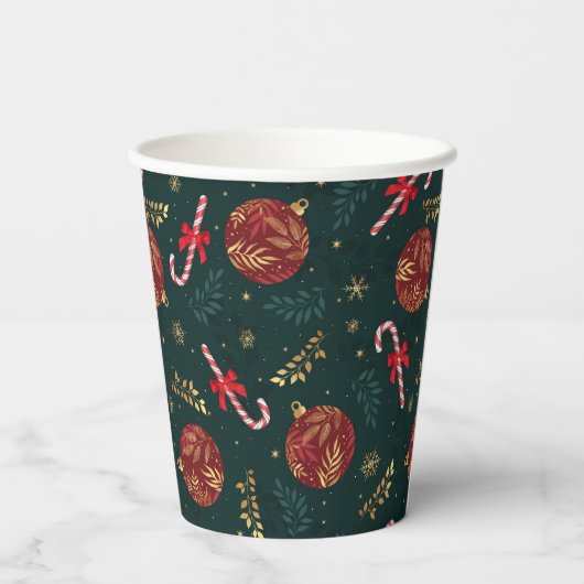 キャンディカネススノーフレーク赤いクリスマスボールグリーン 紙コップ (裏面)