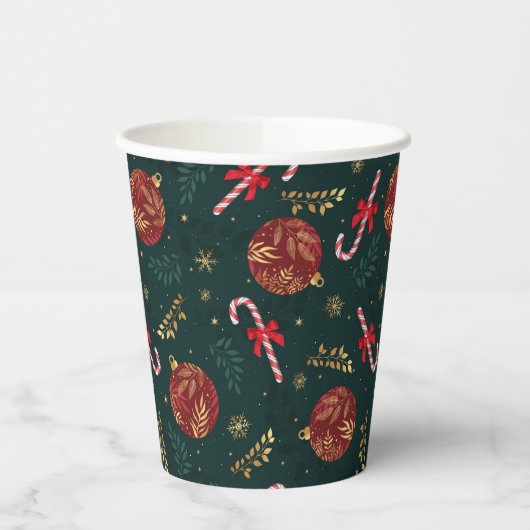 キャンディカネススノーフレーク赤いクリスマスボールグリーン 紙コップ (左)