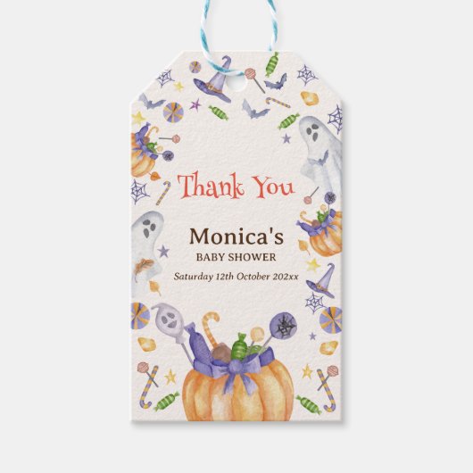 キャンディカボンプキン幽霊ハロウィーンベビー醸造シャワー ギフトタグ (正面)