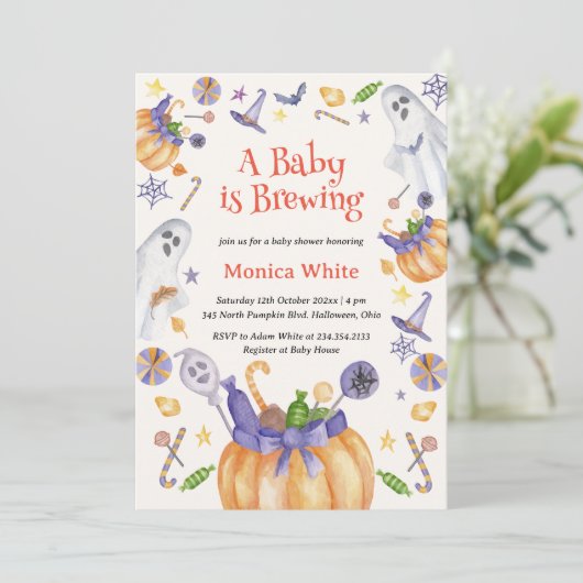 キャンディカボンプキン幽霊ハロウィーンベビー醸造シャワー 招待状 (スタンド正面)