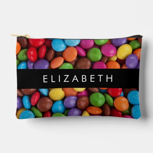 キャンディカラフル、キャンディボタン、スイーツ、お名前 アクセサリーポーチ (正面)