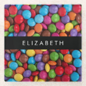 キャンディカラフル、キャンディボタン、スイーツ、お名前 ガラスコースター (正面)