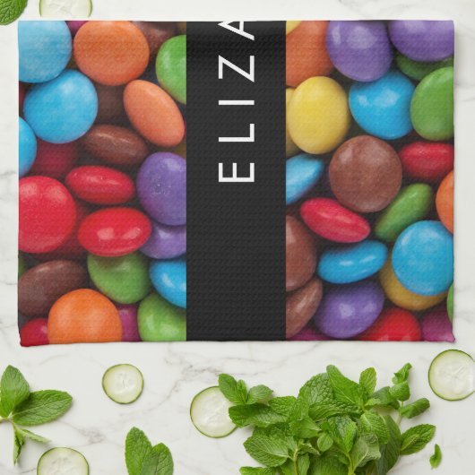 キャンディカラフル、キャンディボタン、スイーツ、お名前 キッチンタオル (折り畳み)