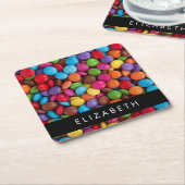 キャンディカラフル、キャンディボタン、スイーツ、お名前 スクエアペーパーコースター (アングル)