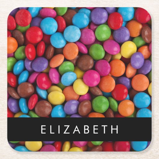 キャンディカラフル、キャンディボタン、スイーツ、お名前 スクエアペーパーコースター (正面)