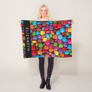 キャンディカラフル、キャンディボタン、スイーツ、お名前 フリースブランケット