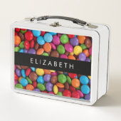 キャンディカラフル、キャンディボタン、スイーツ、お名前 メタルランチボックス (正面)