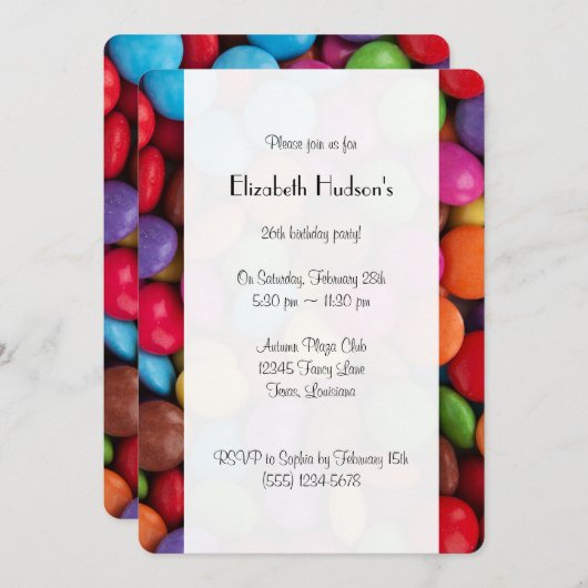 キャンディカラフル、キャンディボタン、スイーツ、誕生日 招待状 (正面/裏面)