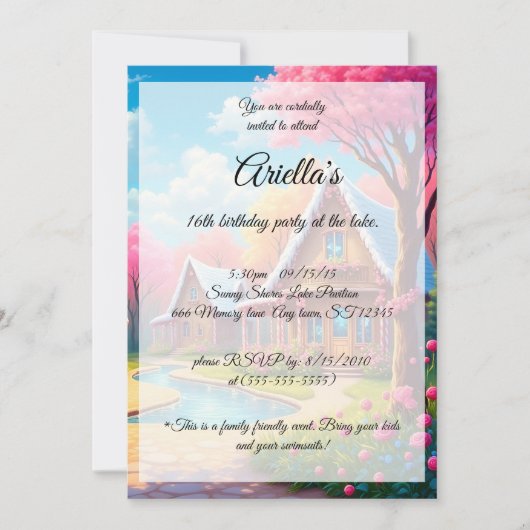 キャンディカラーレイクハウススウィート16誕生日 招待状 (正面)
