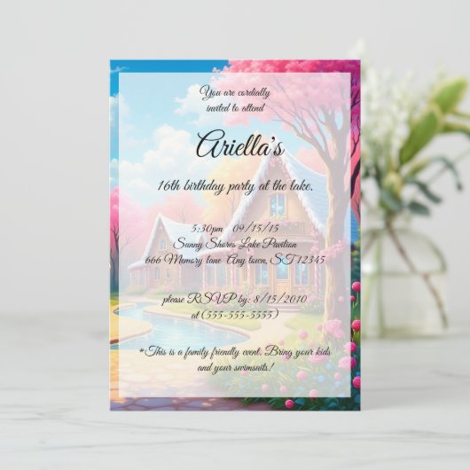 キャンディカラーレイクハウススウィート16誕生日 招待状 (スタンド正面)