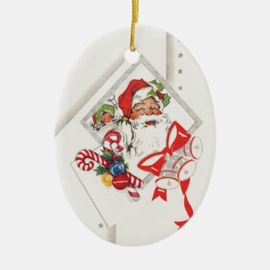 キャンディカンとサンタクロースのヴィンテージクリスマス セラミックオーナメント (正面)