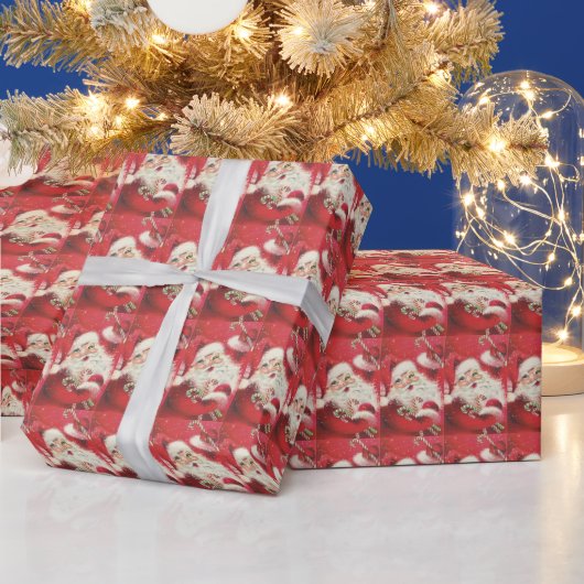 キャンディカンを抱えたクリスマスの笑顔のサンタクロース ラッピングペーパー (クリスマス)