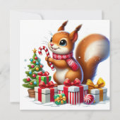 キャンディケインとプレゼントを持つリス シーズンカード (正面)