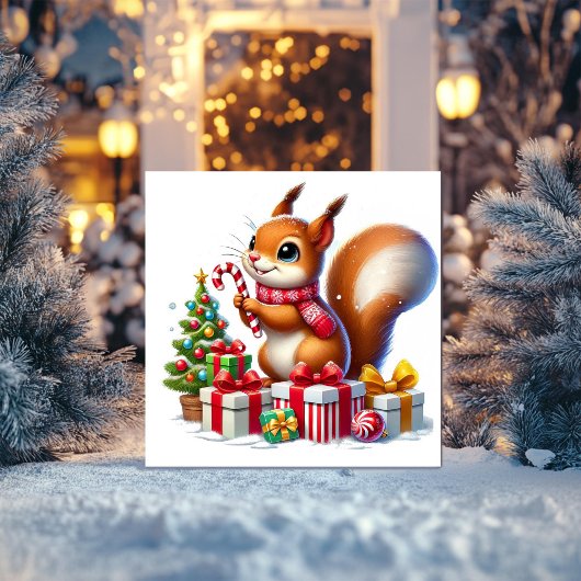 キャンディケインとプレゼントを持つリス シーズンカード