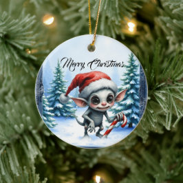 キャンディケインの杖を持つウィスキカルなクリスマスエルフ。 セラミックオーナメント