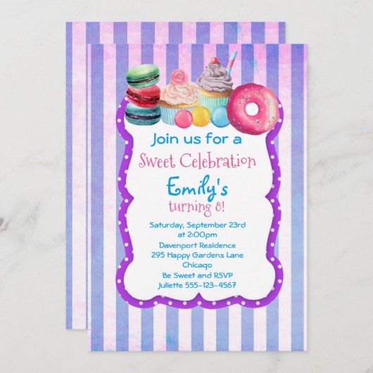 キャンディケーキとペストリー甘い誕生日パーティー招待状 招待状 (正面/裏面)