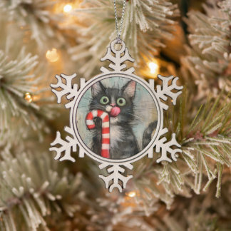 キャンディケーンのクリスマスの気まぐれな猫 スノーフレークピューターオーナメント