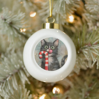 キャンディケーンのクリスマスの気まぐれな猫 セラミックボールオーナメント