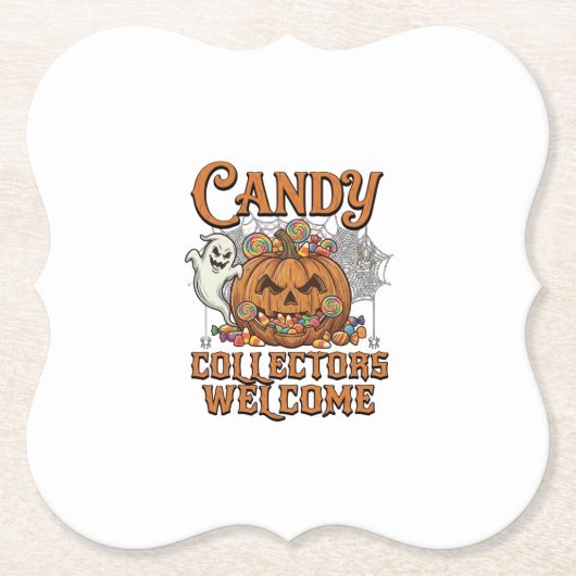 キャンディコレクター歓迎 カボチャ おばけ クモの巣 ペーパーコースター (正面)