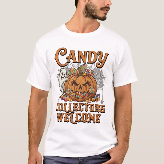 キャンディコレクター歓迎 カボチャ おばけ クモの巣 Tシャツ (正面)