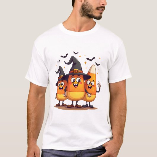 キャンディコーンのトリオ 面白いハロウィンのキャラクター Tシャツ (正面)