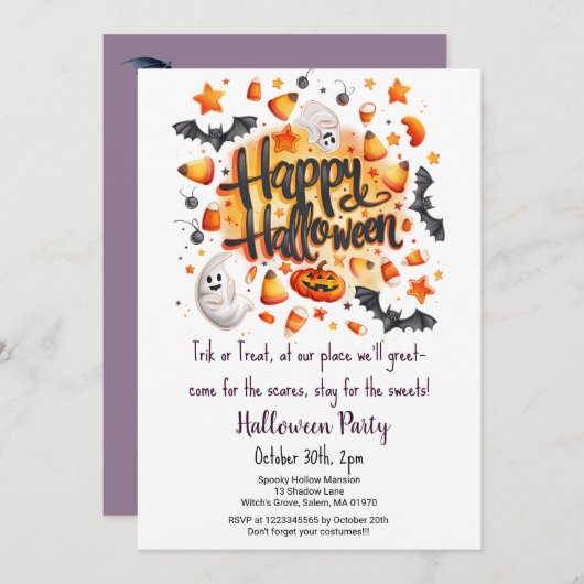 キャンディコーントリックオアトリートこうもりハローウィンパーティ 招待状 (正面/裏面)