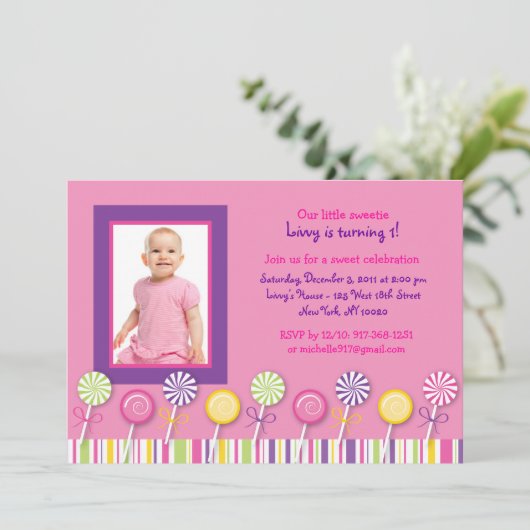 キャンディショップ棒つきキャンデー誕生日招待状 招待状 (スタンド正面)