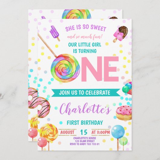キャンディスイートお祝いワンガールファースト誕生日 招待状 (正面/裏面)