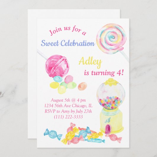 キャンディスイート棒つきキャンデーガール誕生日  招待状 (正面/裏面)
