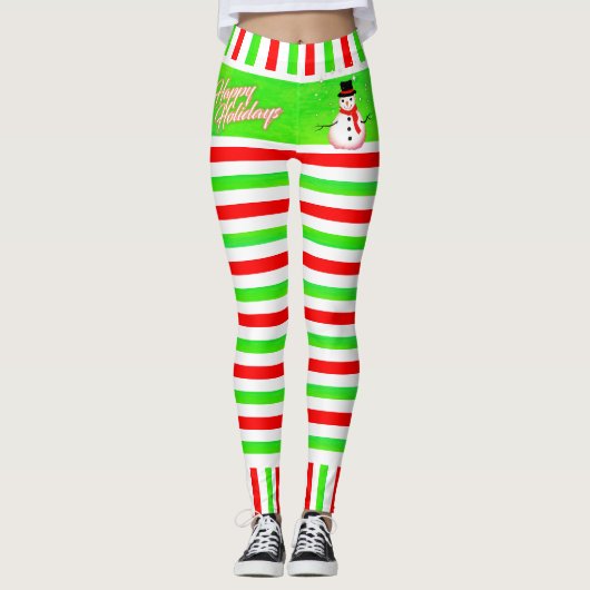 キャンディストライプの小妖精や小人ハッピーフェスティバルと雪だるま レギンス (正面)