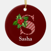 キャンディストライプケインとホリーSモノグラム セラミックオーナメント (正面)