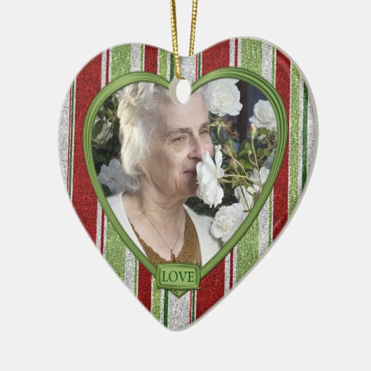 キャンディストライプケインハート写真クリスマス セラミックオーナメント (左)