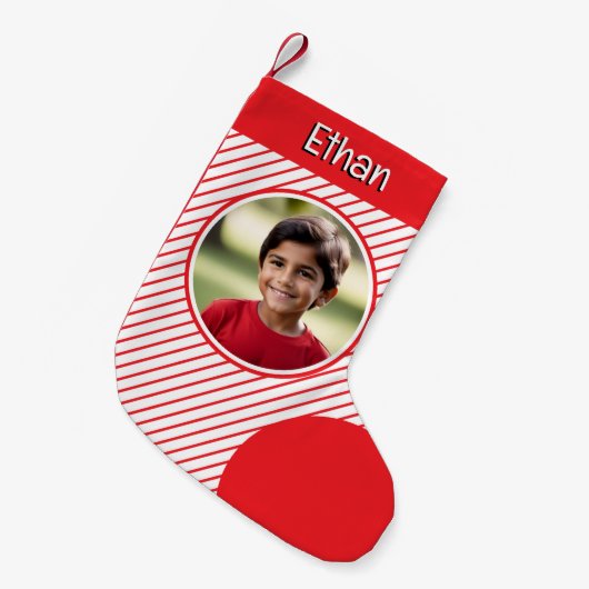 キャンディストライプケイン赤と白カスタム写真 スモールクリスマスストッキング (正面 (吊り時))