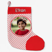 キャンディストライプケイン赤と白カスタム写真 スモールクリスマスストッキング (正面)
