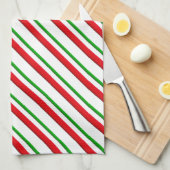 キャンディストライプーの、赤、緑、白 キッチンタオル (四つ折り)