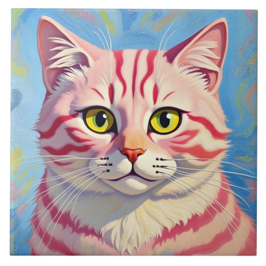 「キャンディス」チェリー ストライプの神秘的な猫の肖像画 タイル (正面)