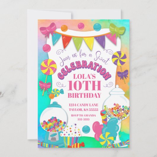 キャンディテーマガールズレインボーカラフル誕生日 招待状 (正面)