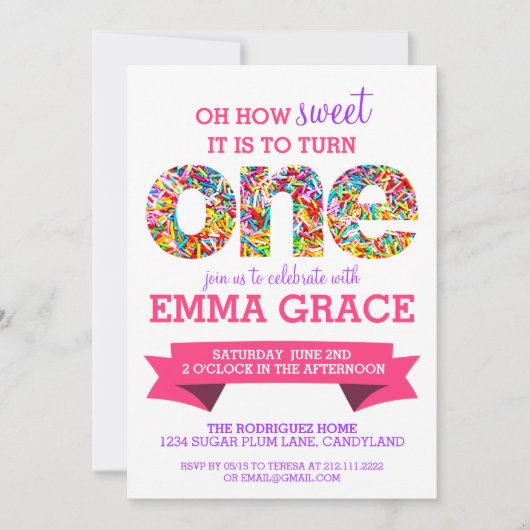 キャンディテーマ1日目の誕生日パーティースプリンクルズ招待状 招待状 (正面)