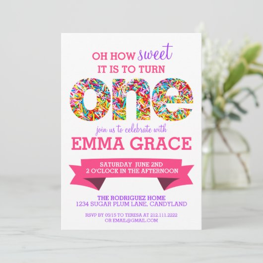 キャンディテーマ1日目の誕生日パーティースプリンクルズ招待状 招待状 (スタンド正面)