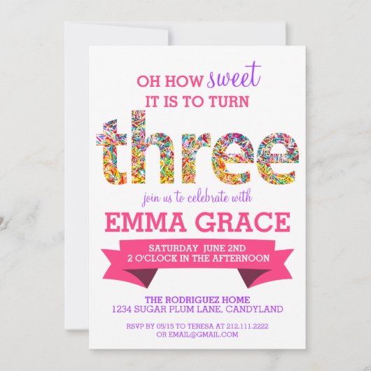 キャンディテーマ3rd誕生日パーティー振り掛け招待状 招待状 (正面)