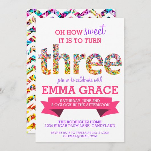 キャンディテーマ3rd誕生日パーティー振り掛け招待状 招待状 (正面/裏面)