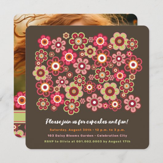 キャンディデイジー開花子供の誕生日フォト招待状 招待状 (正面/裏面)